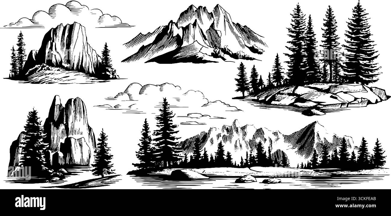 Paesaggi di montagna bianchi e neri con alberi e nuvole. Illustrazione Vettoriale