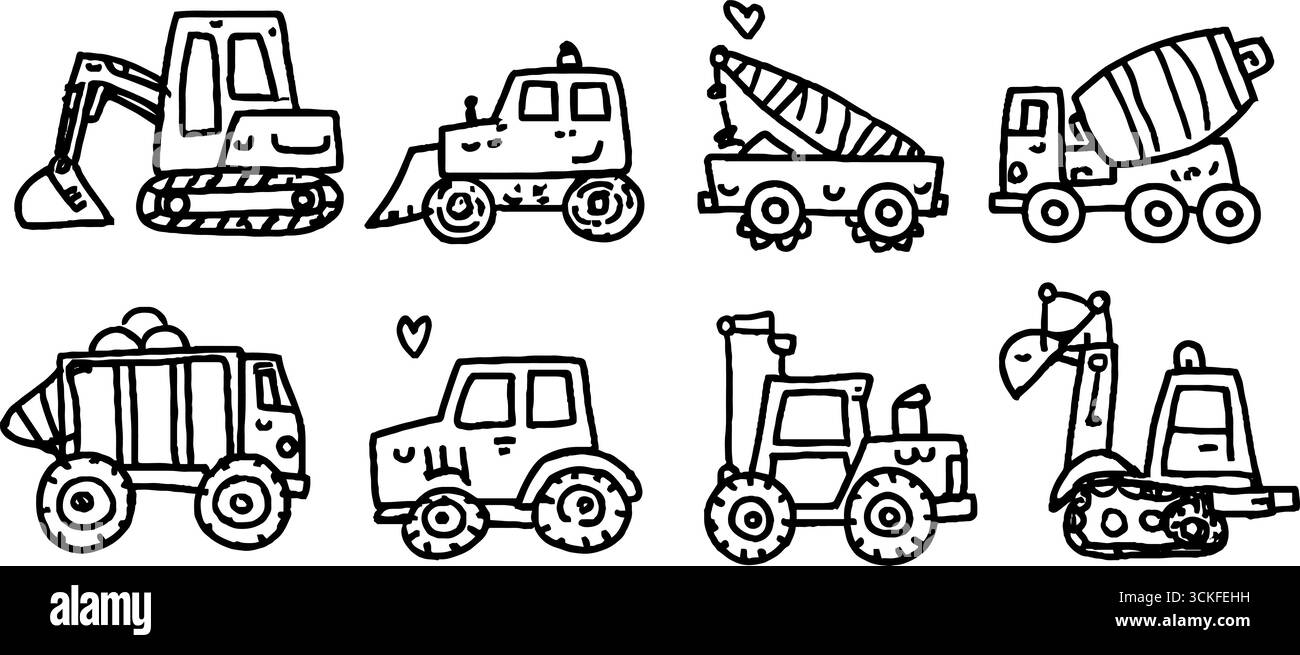 Divertente set di veicoli da costruzione per progetti di design per bambini. Illustrazione Vettoriale