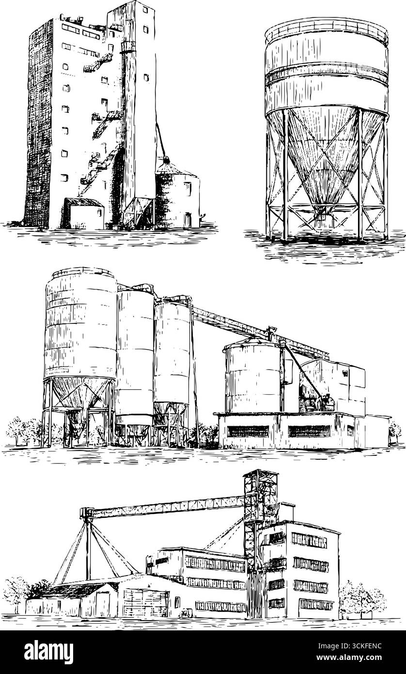 Schizzi dettagliati dell'architettura industriale di silos e fabbriche di storage. Illustrazione Vettoriale