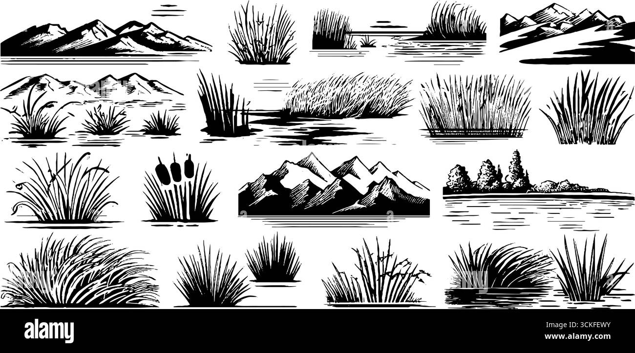 Paesaggio monocromatico con montagne, canne e giochi d'acqua. Illustrazione Vettoriale