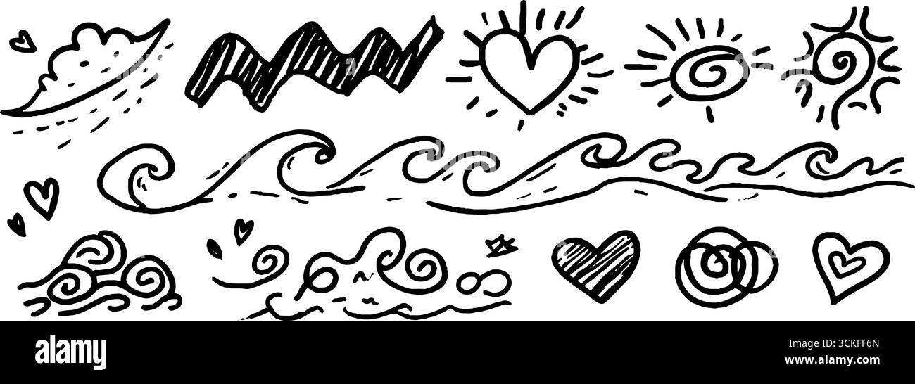 Set creativo di doodle con linee astratte, motivi a zigzag e onde. Illustrazione Vettoriale