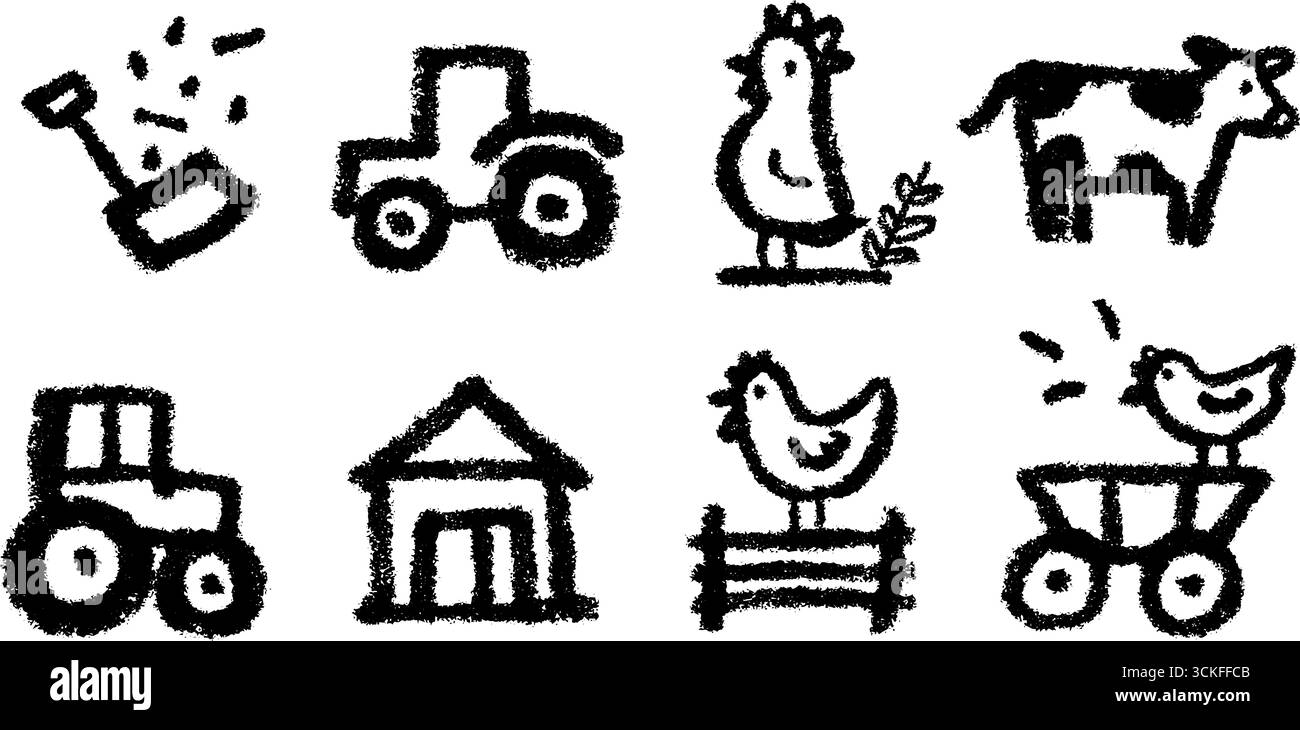Set di doodle rustici per la vita agricola con trattore, pala e animali per progetti di design creativi. Illustrazione Vettoriale