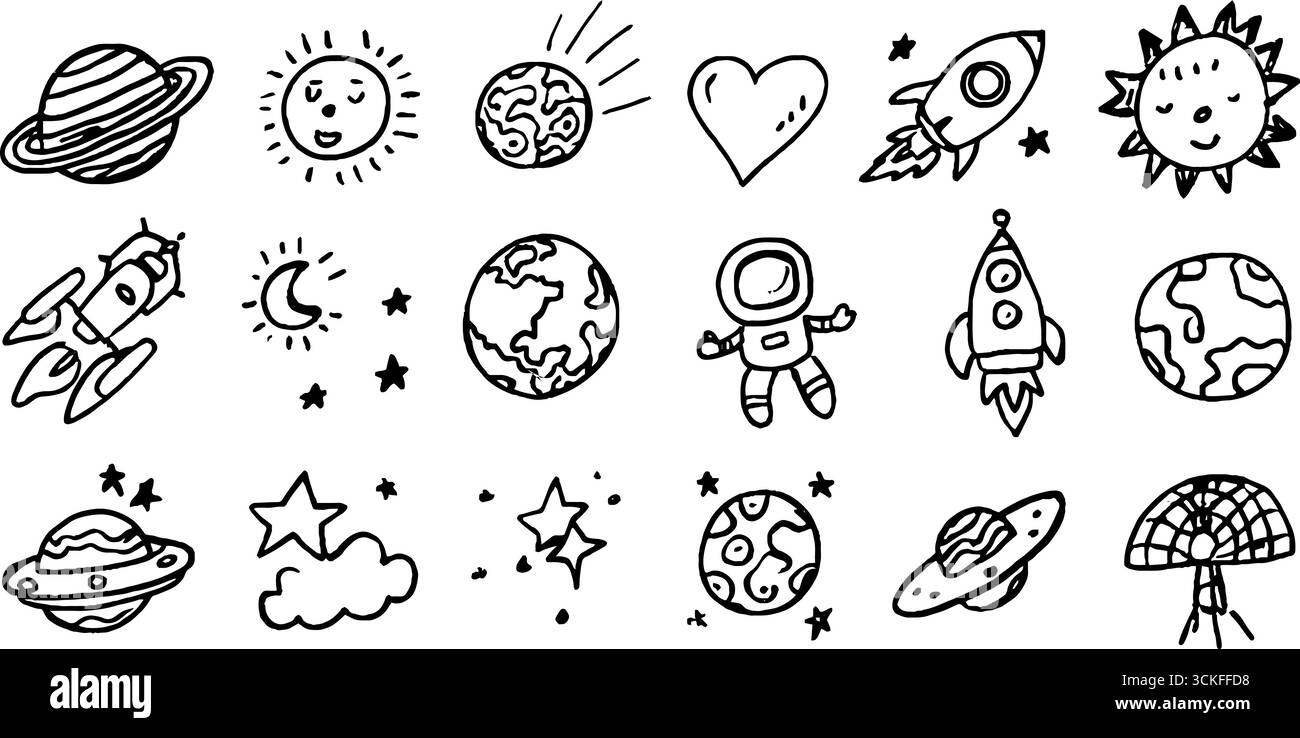 Stravagante set di scarabocchi astronomici con pianeti, razzi e telescopi per progetti creativi. Illustrazione Vettoriale