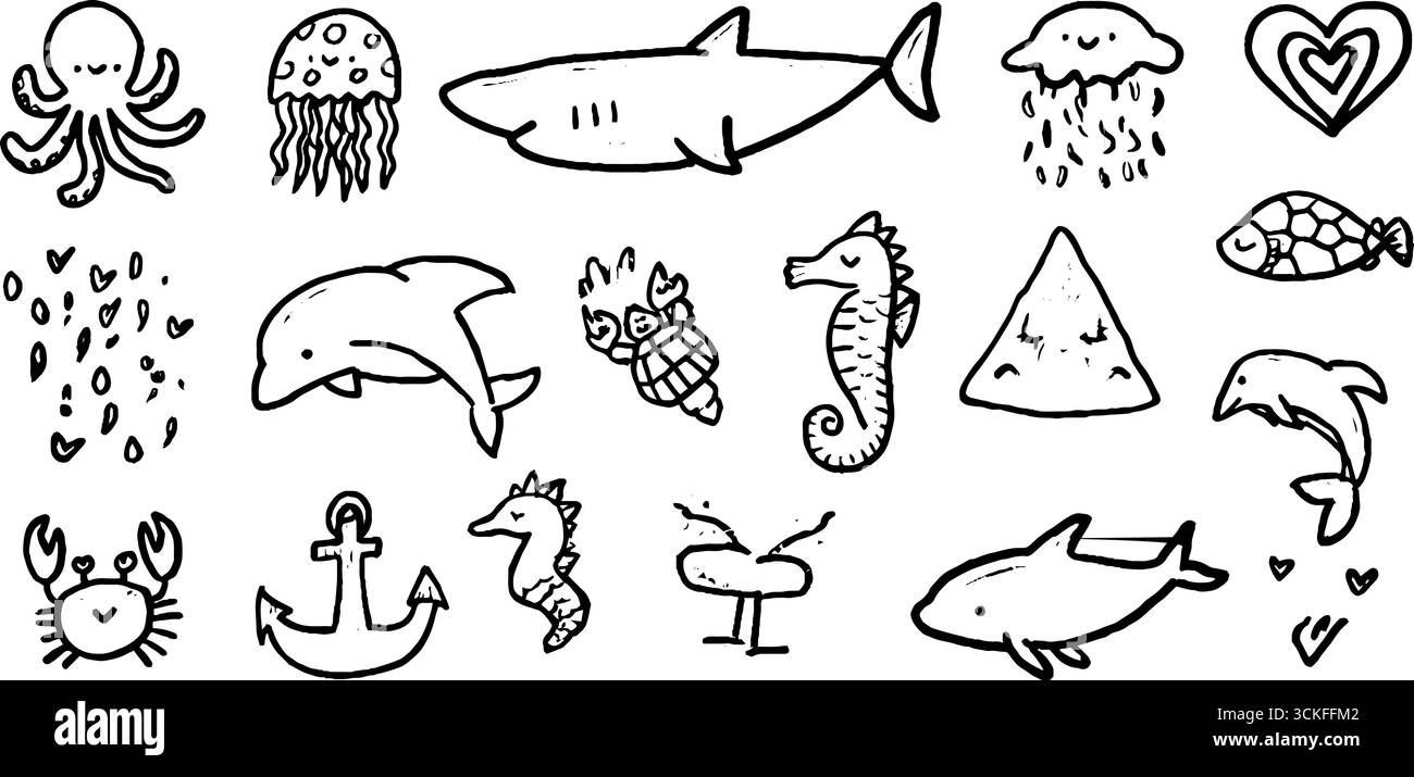 Creature marine disegnate a mano sguazzano il set con polpo, calamari e animali marini. Illustrazione Vettoriale