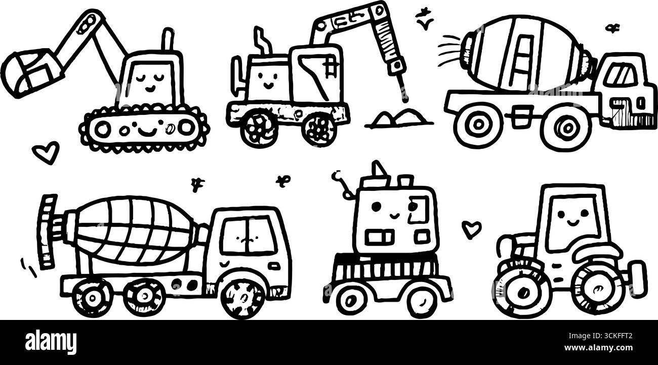 Affascinante set di veicoli da costruzione per il design e l'educazione dei bambini. Illustrazione Vettoriale