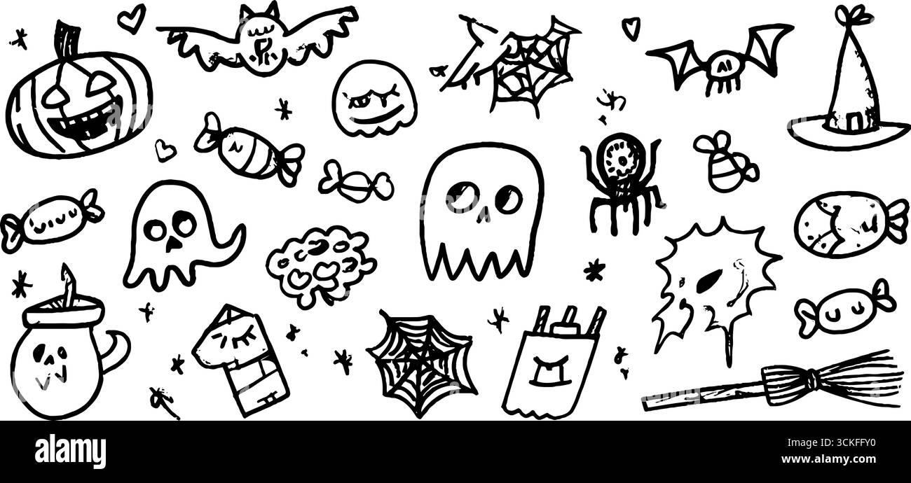 Set di doodle di Halloween con illustrazioni di zucca e pipistrello per disegni spaventosi. Illustrazione Vettoriale