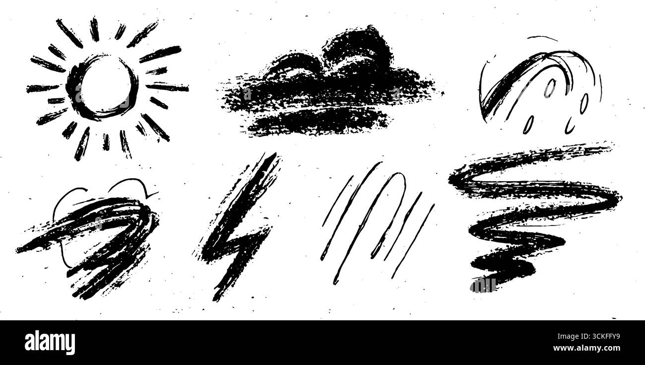 Elementi meteo disegnati a mano tramonta con nube di sole e design pioggia. Illustrazione Vettoriale