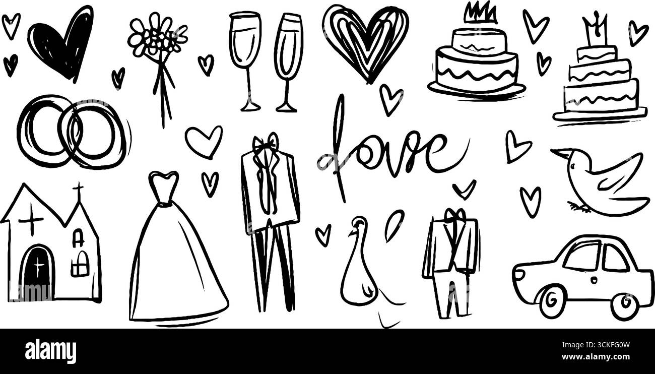 Affascinante set di icone per matrimoni con anelli e bouquet per inviti e design. Illustrazione Vettoriale