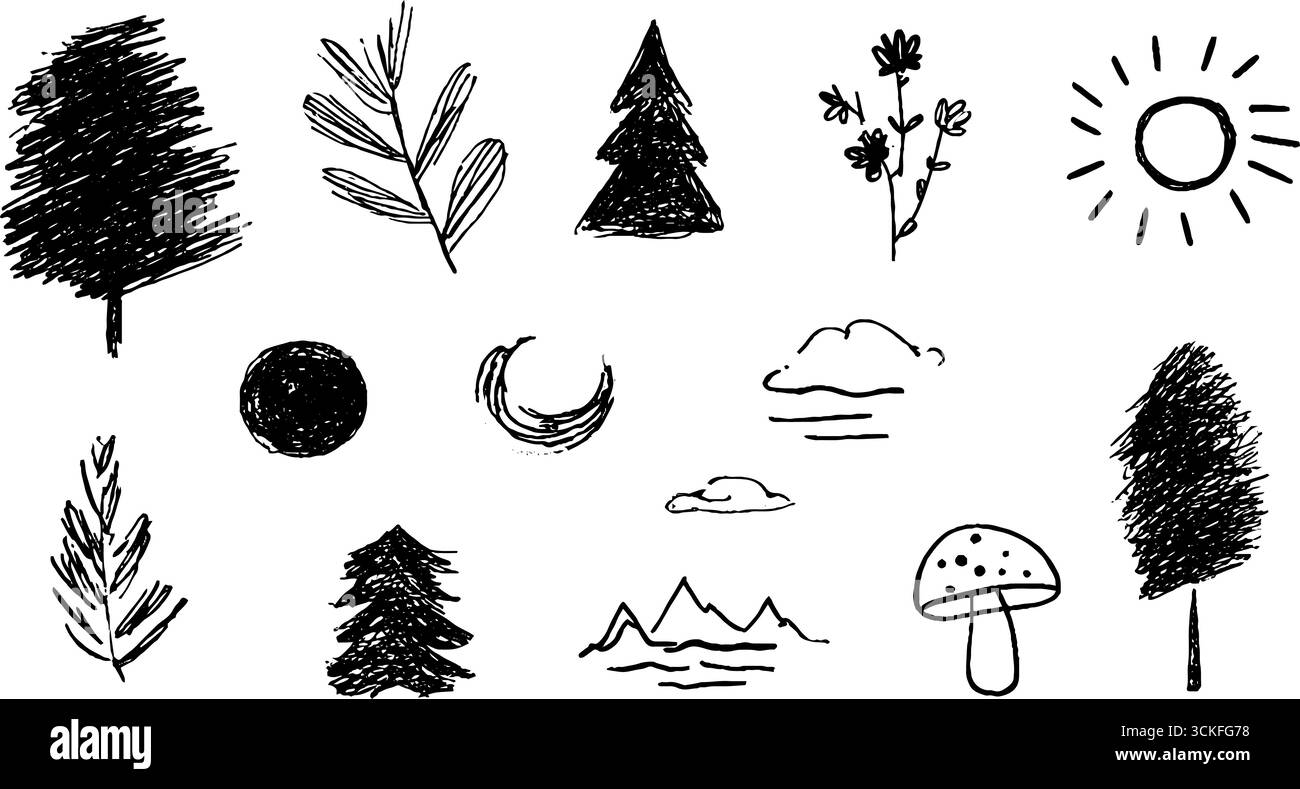 Set di doodle disegnati a mano di elementi naturali con alberi, foglie e sole. Illustrazione Vettoriale