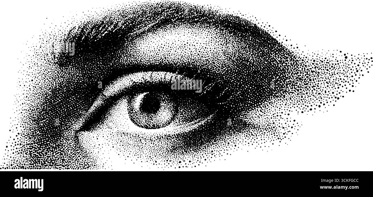 Occhi anatomici dettagliati con tecnica a punti di stippling per l'arte e il design. Illustrazione Vettoriale