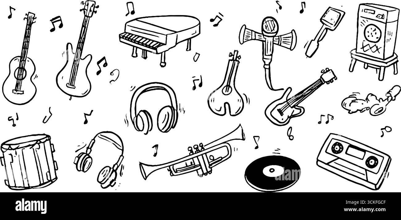 Set doodle per strumenti musicali con microfono per chitarra cuffie per pianoforte e altro ancora. Illustrazione Vettoriale