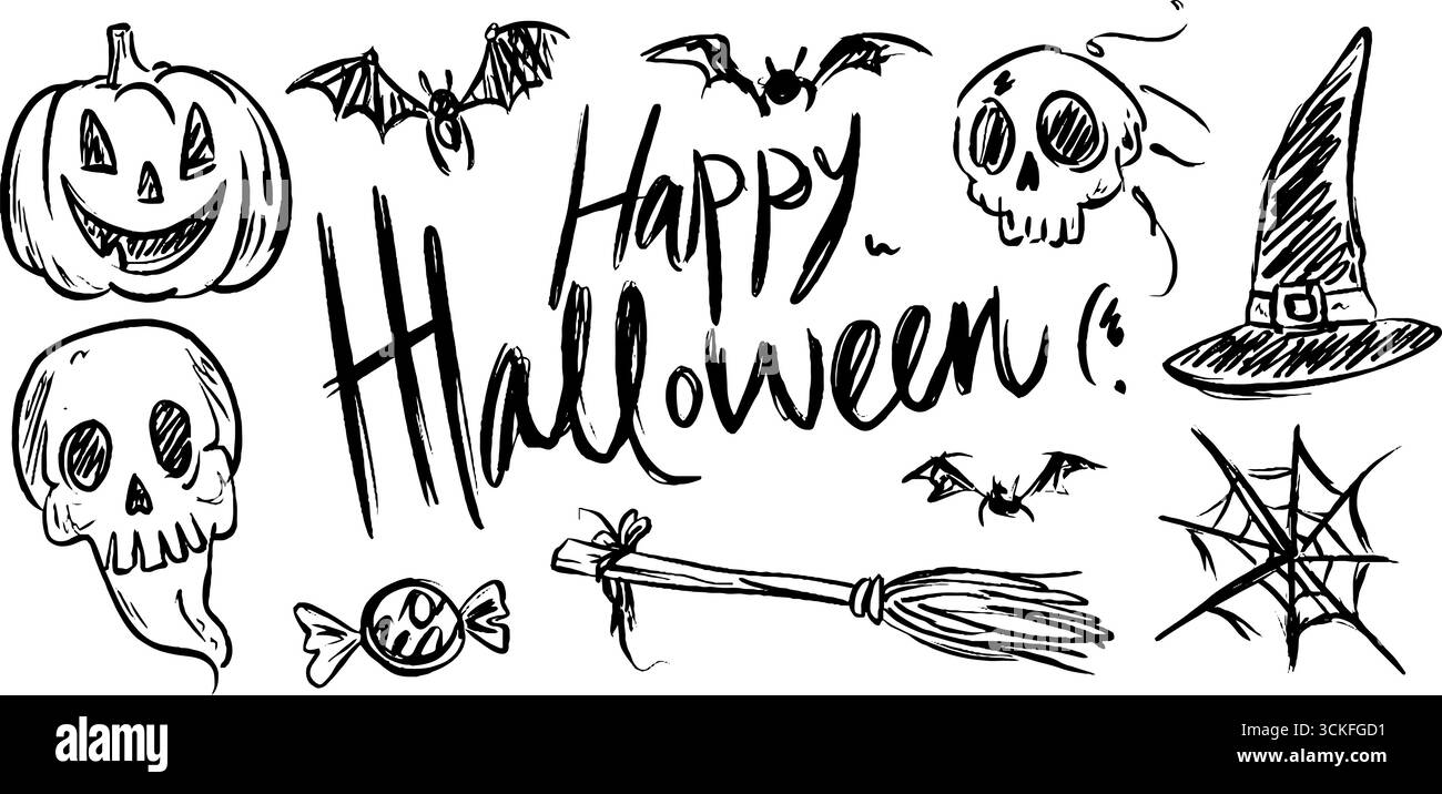 Set di spaghetti di Halloween con fantasmi di zucca e icone spaventose per decorazioni e artigianato. Illustrazione Vettoriale