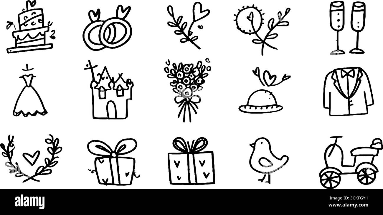 Bizzarro set di spaghetti nuziali con anelli, torta e champagne per inviti. Illustrazione Vettoriale