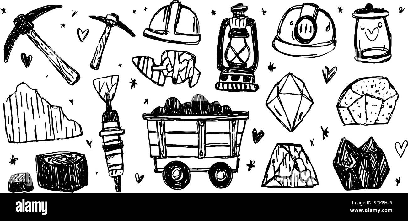 Set di icone delle miniere disegnate a mano: Piccone, casco e lanterne. Illustrazione Vettoriale