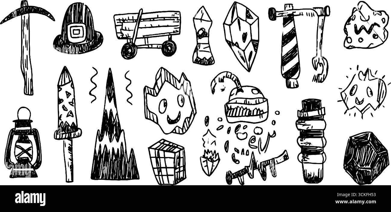 Set di icone miniere disegnate a mano con piccone, casco, cristallo e lanterna per progetti creativi. Illustrazione Vettoriale