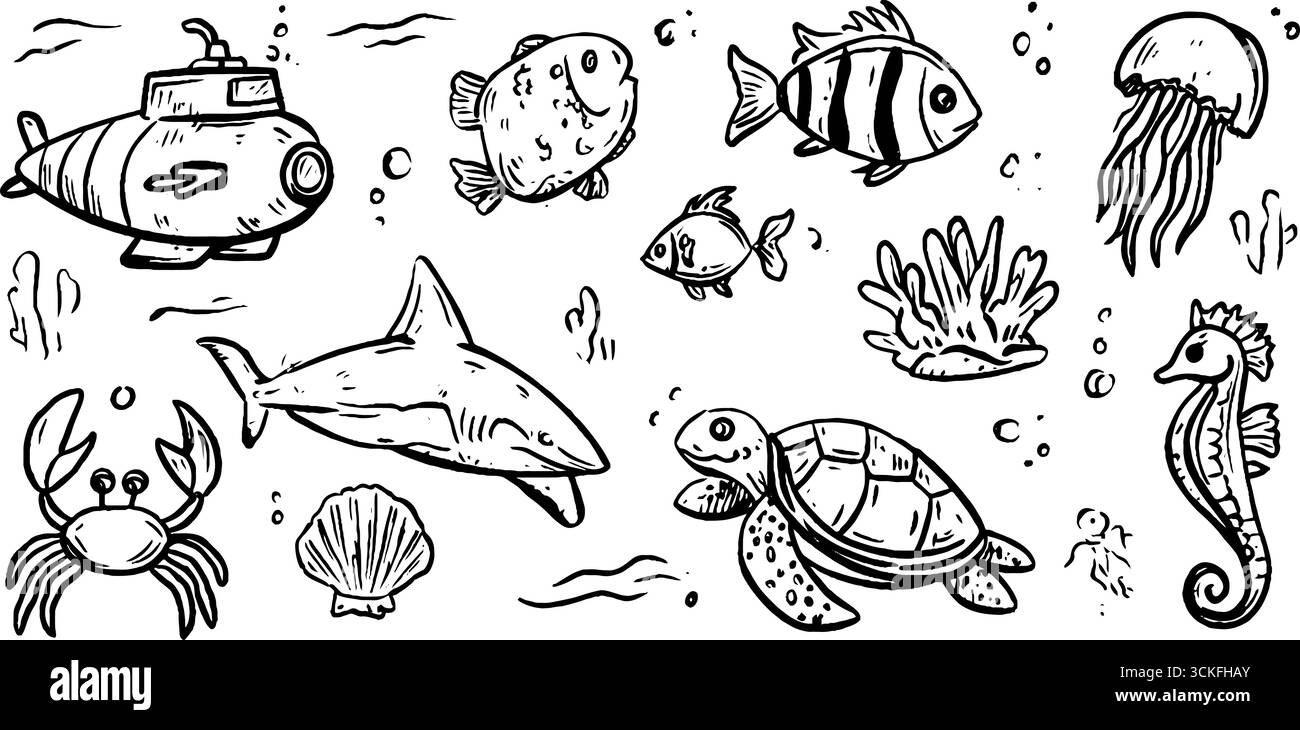 Bizzarro mondo sottomarino con disegni di sottomarini, animali marini e coralli. Illustrazione Vettoriale