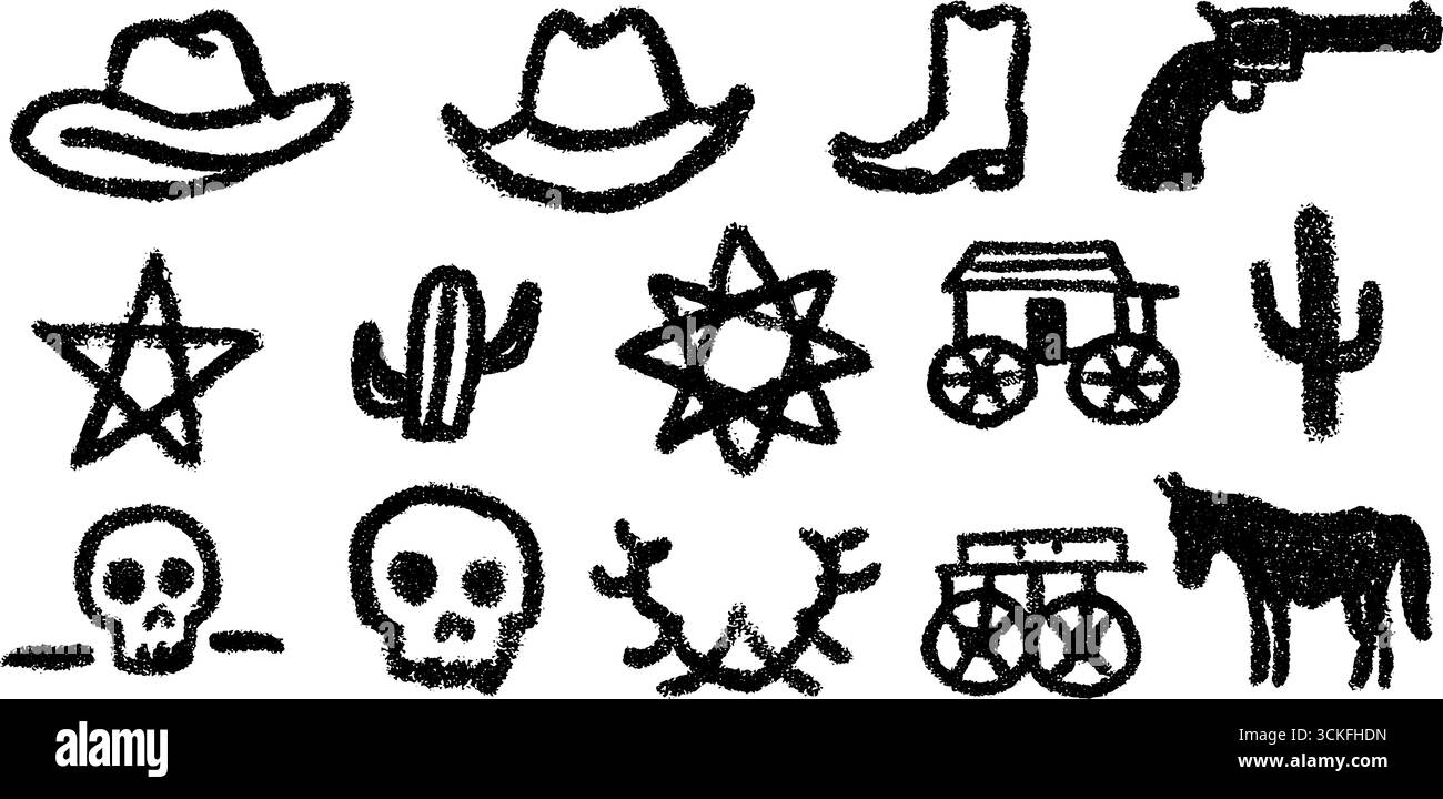 Set di icone del selvaggio West con cappello da cowboy, stivali e simboli per il design occidentale. Illustrazione Vettoriale Set di icone del selvaggio West con cappello da cowboy, stivali e simboli per il design occidentale. Illustrazione Vettoriale