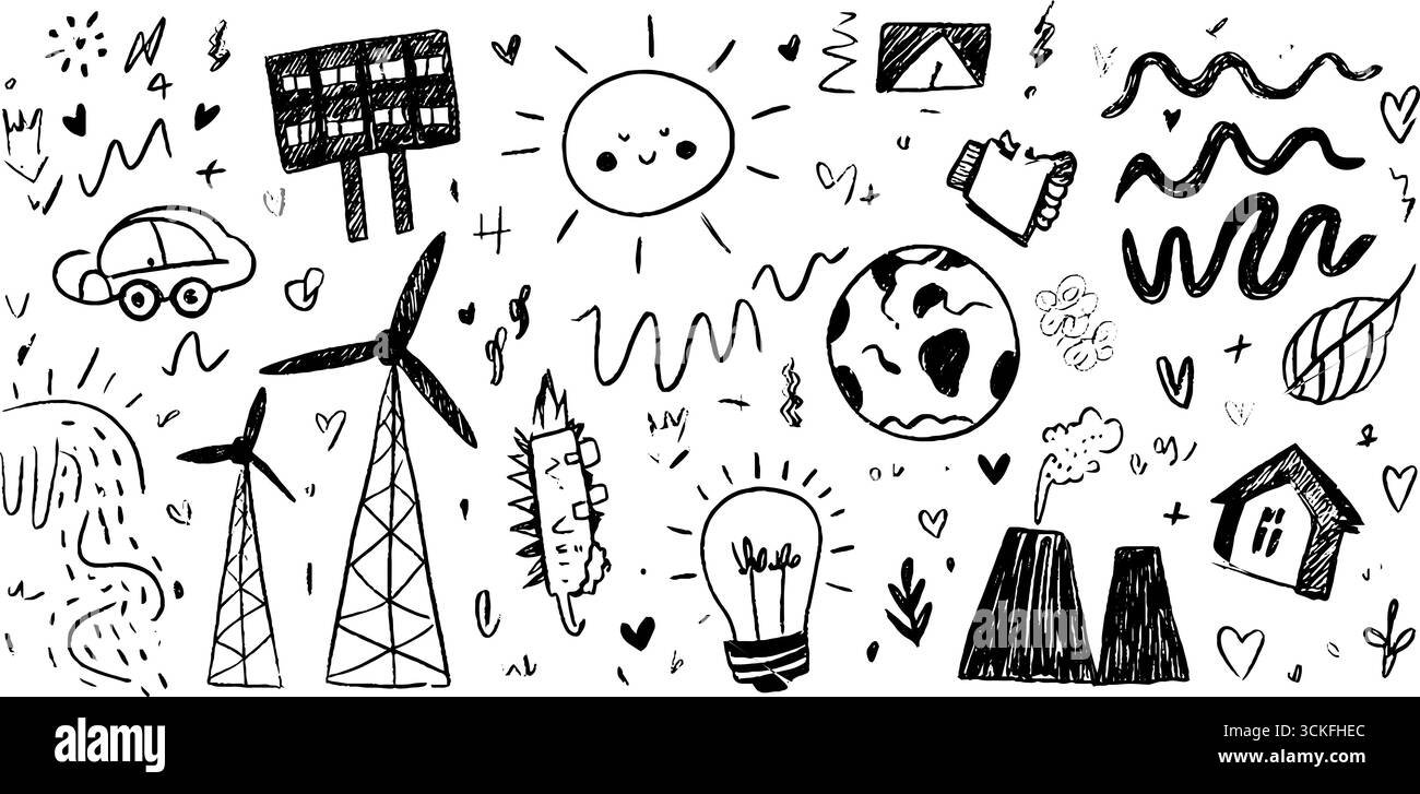 Set di temi per le energie rinnovabili disegnati a mano con pannelli solari e turbine eoliche. Illustrazione Vettoriale