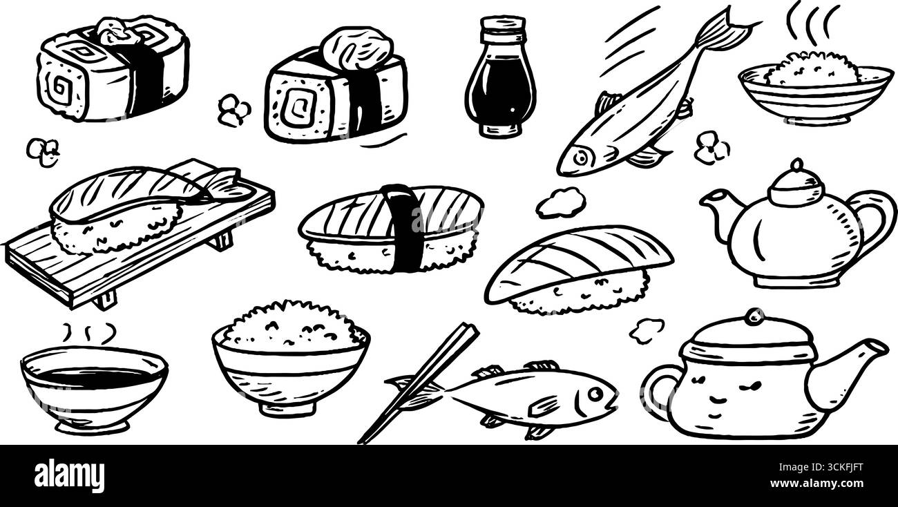 Set Doodle di elementi sushi bar con nigiri, maki roll e tea design per decorazioni culinarie. Illustrazione Vettoriale