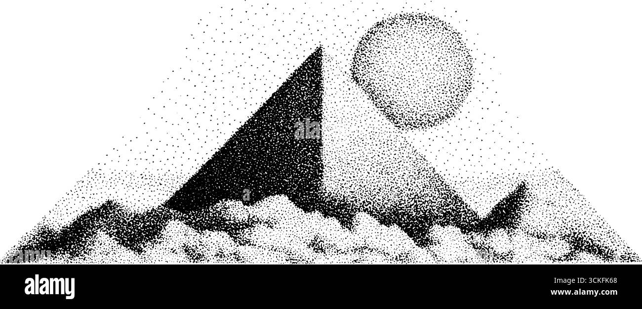 Stipite la rappresentazione a puntini della piramide con il sole e il paesaggio montano. Illustrazione Vettoriale