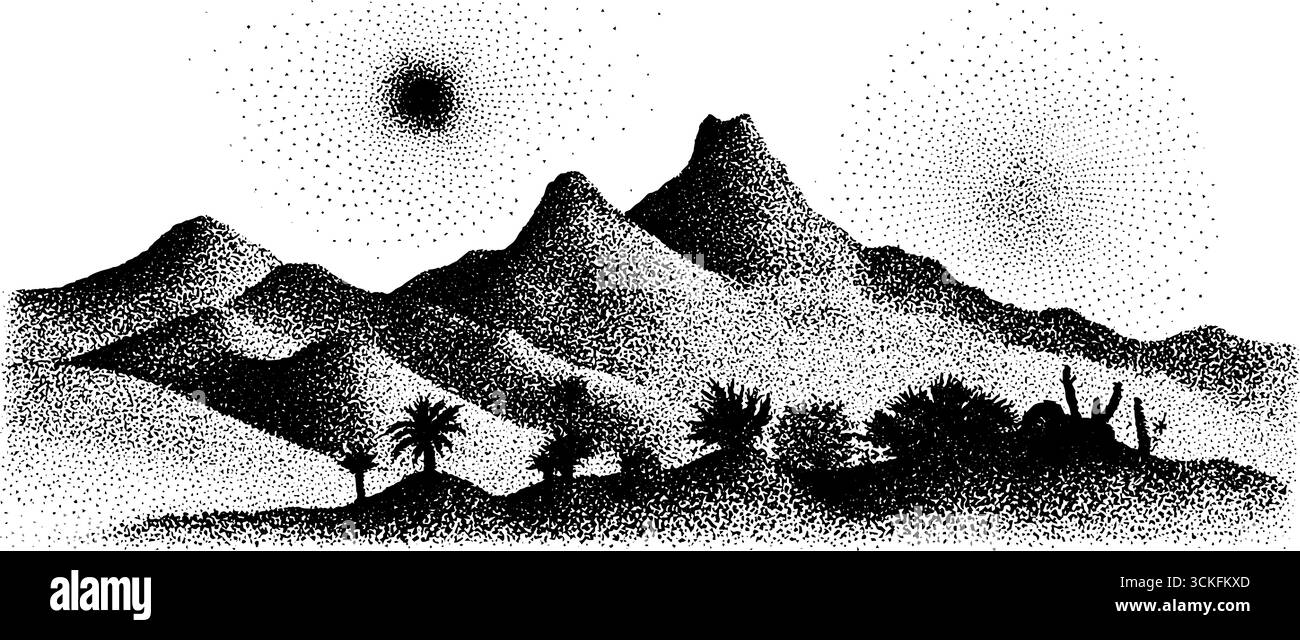 Stippling illustrazione di un tranquillo paesaggio nomade del deserto. Illustrazione Vettoriale