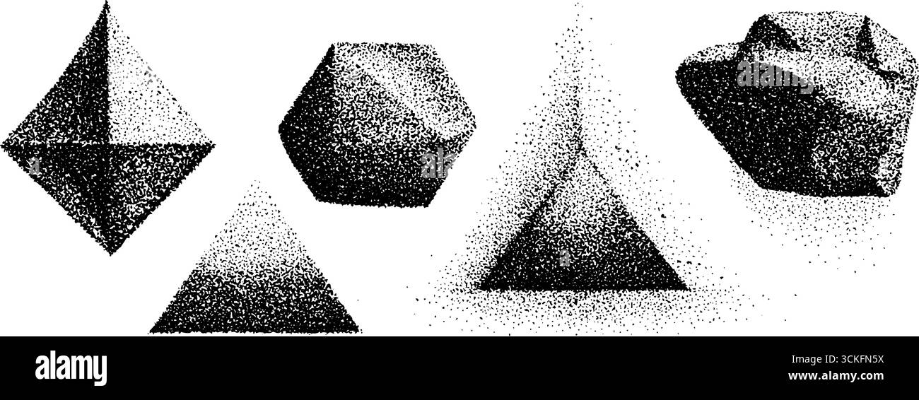 Solidi geometrici platonici in stile dotwork art stippling per il design e l'illustrazione. Illustrazione Vettoriale