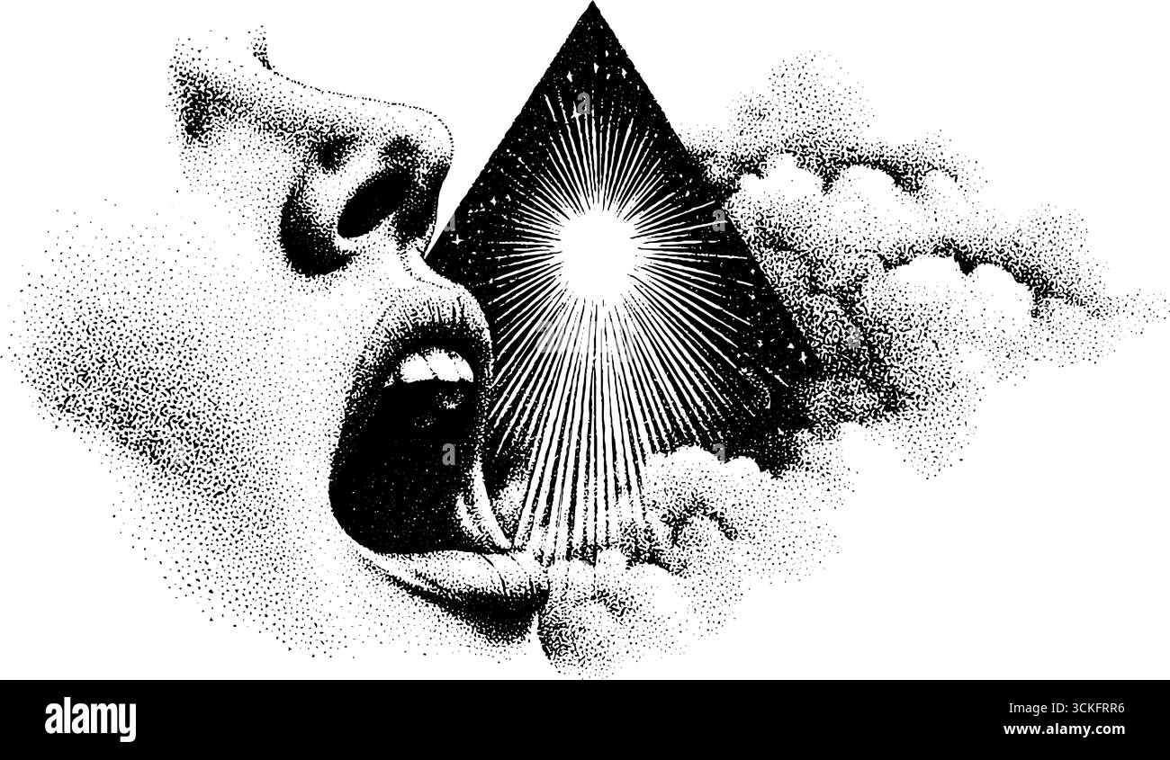 Il surreale soffia l'arte di una testa con piramide e nuvole per un design creativo. Illustrazione Vettoriale