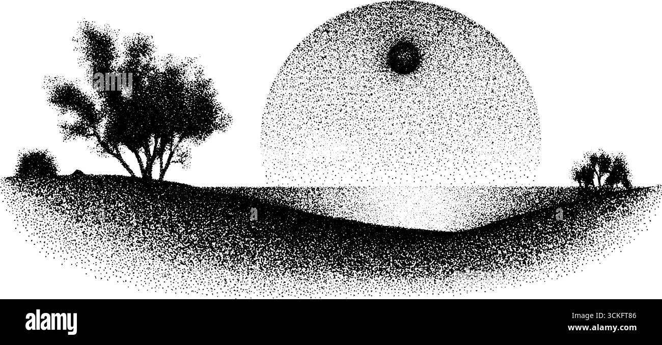 Copri il paesaggio punteggiato con il sole e gli alberi in stile mezzitoni. Illustrazione Vettoriale