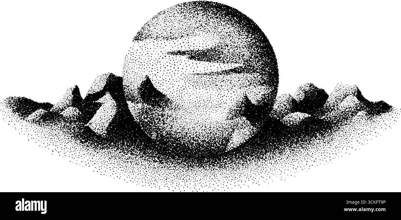 Stippling Dot Work raffigurazione di una sfera di vetro tra le montagne - design artistico vintage. Illustrazione Vettoriale
