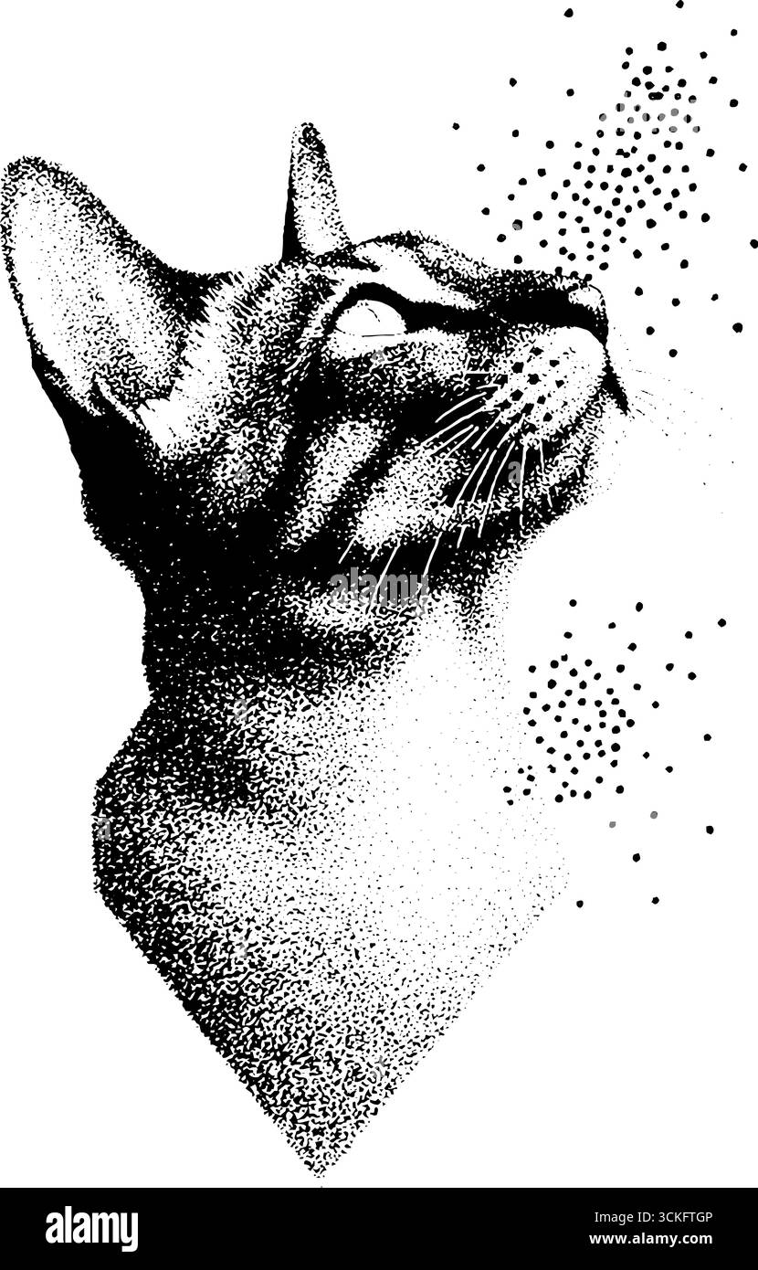Stippling ritratto di gatto in stile vintage Half tone per il design. Illustrazione Vettoriale