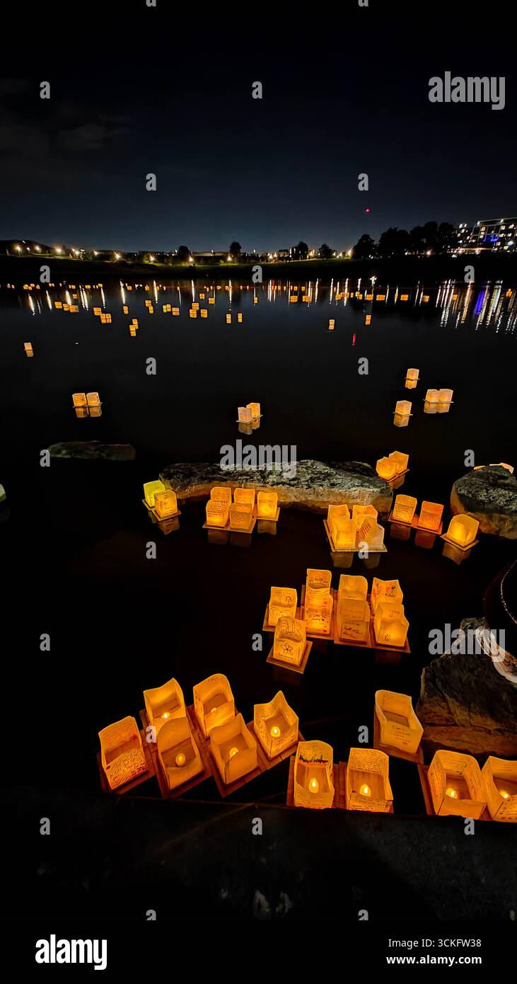 Scena del Festival delle Lanterne con lanterne colorate e luminose di notte. Foto Stock