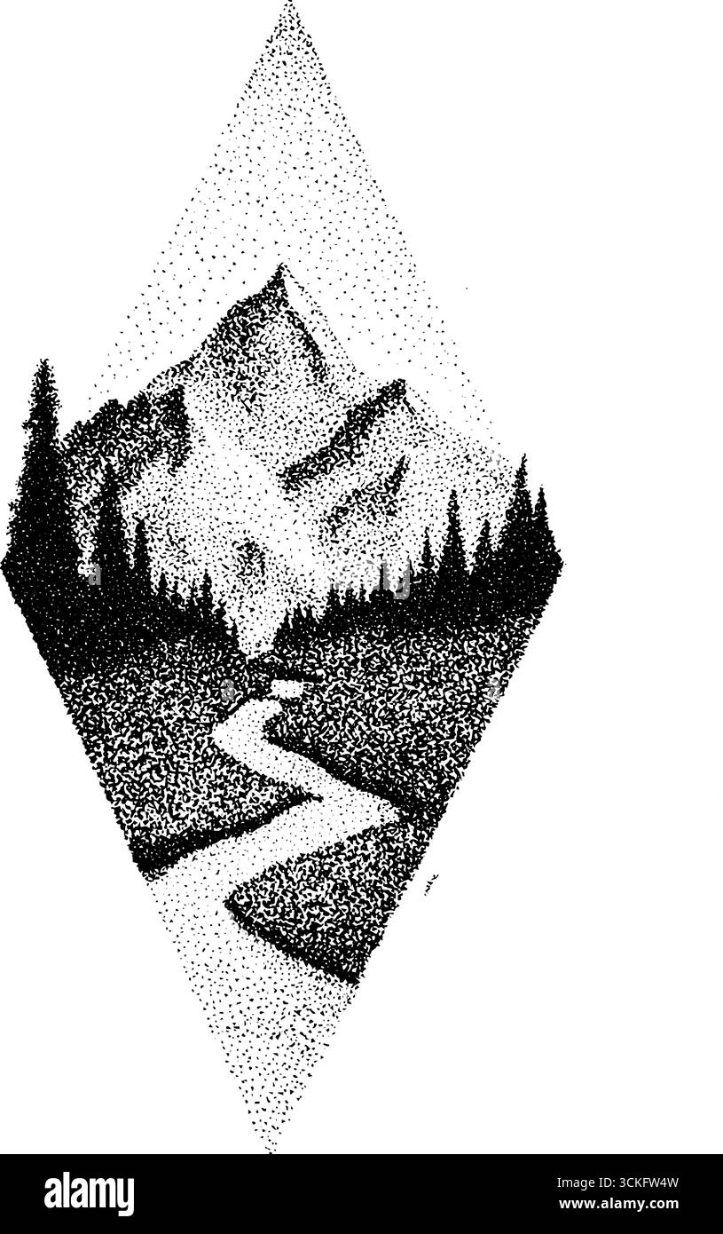 Paesaggio montano d'epoca con percorso fluviale in design verticale. Illustrazione Vettoriale