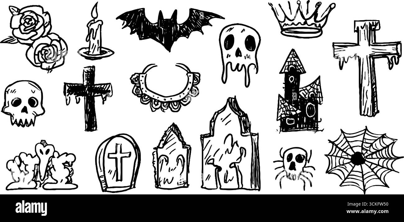Set di elementi decorativi gotici disegnati a mano: Rose nere, teschi e simboli spaventosi per i disegni di halloween. Illustrazione Vettoriale