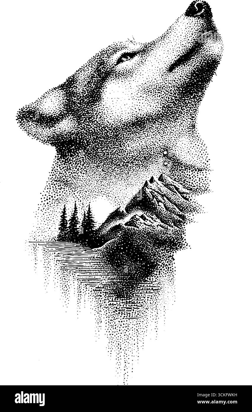 Maestoso lupo con montagna e foresta con design verticale per tatuaggi o stampe. Illustrazione Vettoriale