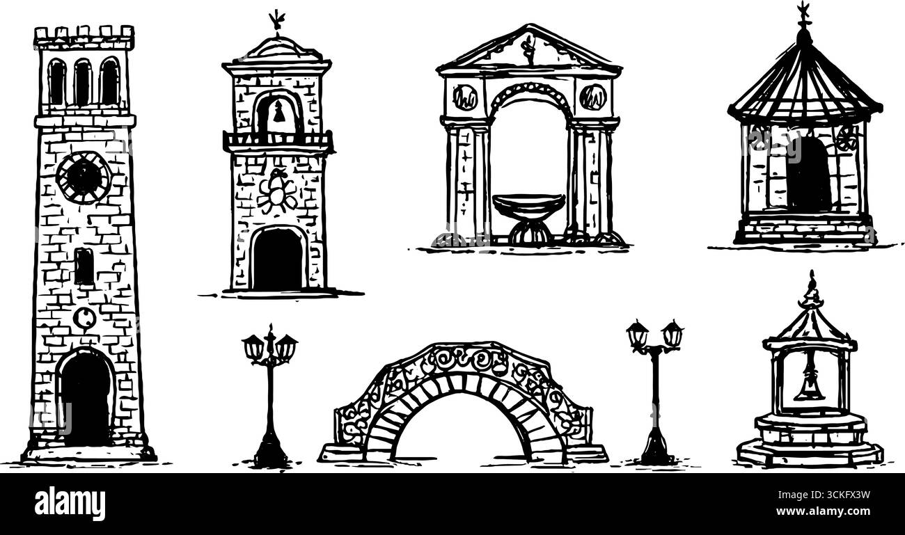 Torri dell'orologio decorative disegnate a mano e una collezione di elementi architettonici per il design. Illustrazione Vettoriale