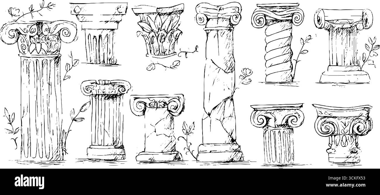 Antichi capitelli dorici con disegni decorativi disegnati a mano per lo studio dell'architettura. Illustrazione Vettoriale