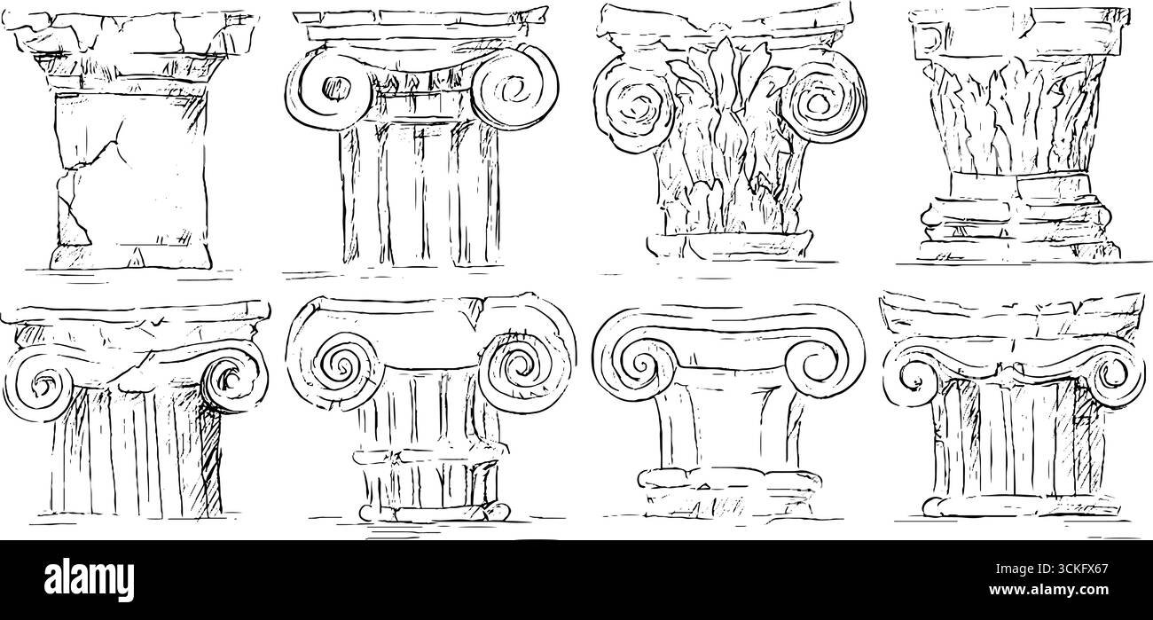 Set di capitelli dorici decorativi disegnati a mano per progetti artistici e architettonici. Illustrazione Vettoriale