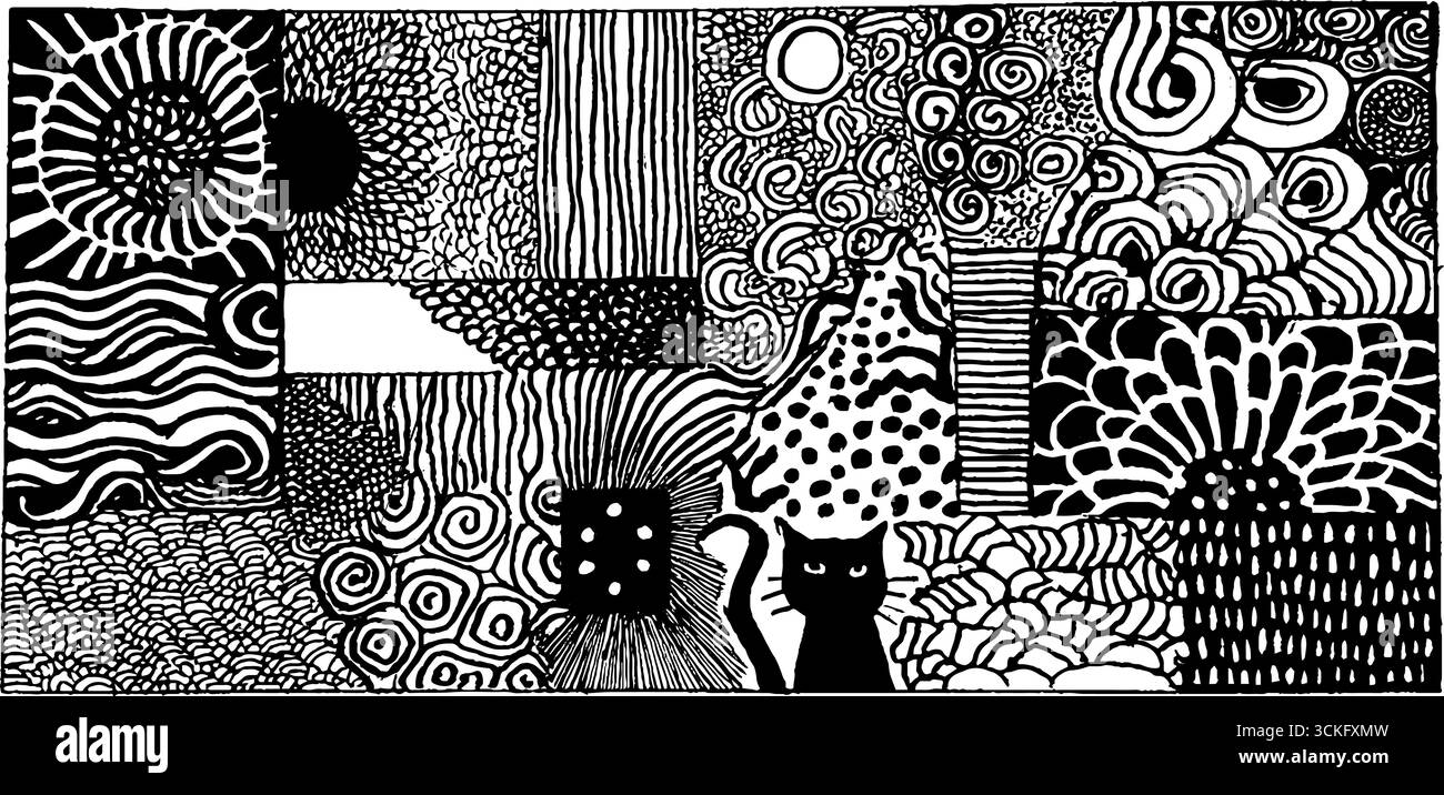 Motivi decorativi elaborati a mano con candele e motivi gatto per un design creativo. Illustrazione Vettoriale