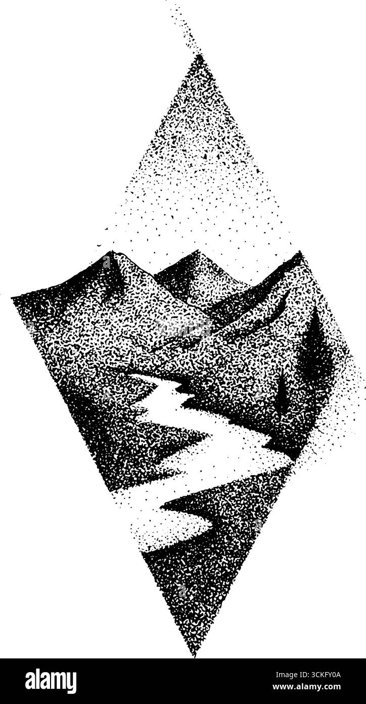 Paesaggio montano con percorso fluviale con design verticale a diamante. Illustrazione Vettoriale