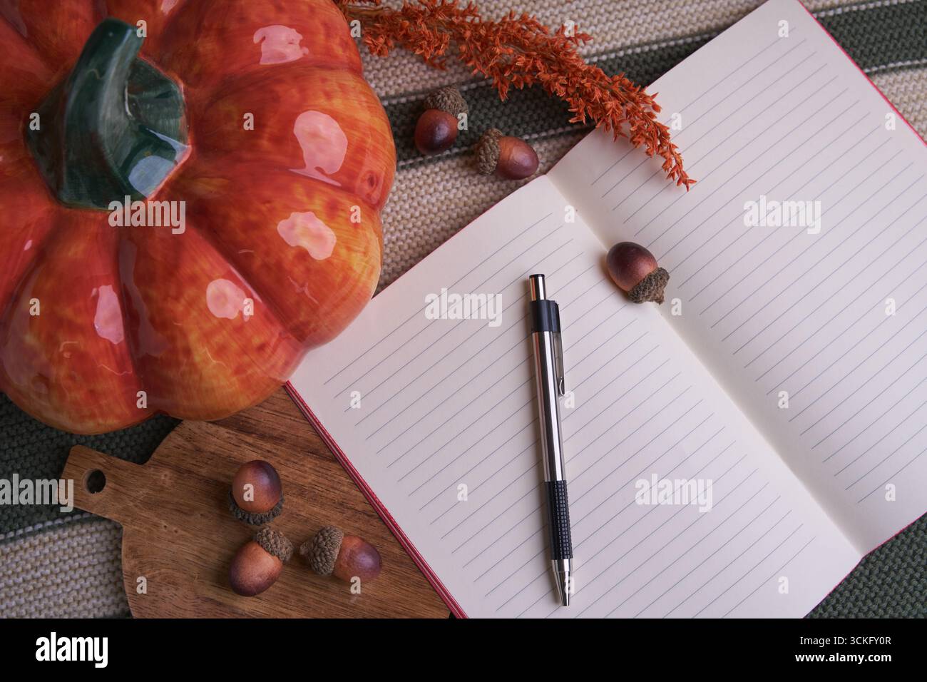 Piano per la pianificazione autunnale: Quaderno e penna con fodera aperta, zucca in ceramica, ghiande e fiori secchi su tessuto a maglia e asse di legno, accogliente stagione Foto Stock