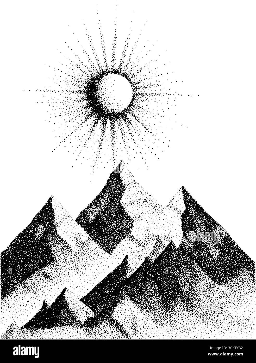 Illustrazioni tratteggiate del sole sulle cime delle montagne per un design artistico. Illustrazione Vettoriale