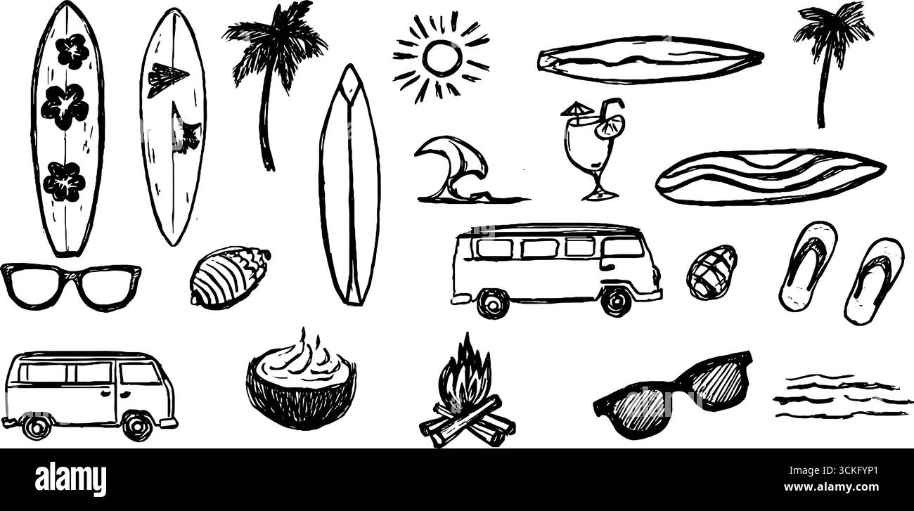 Tavole da surf disegnate a mano con onde ed elementi tropicali per un design estivo. Illustrazione Vettoriale