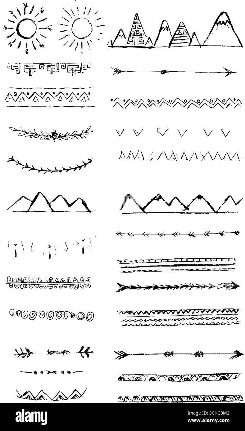Set di simboli del sole inca disegnati a mano ed elementi decorativi tribali. Illustrazione Vettoriale