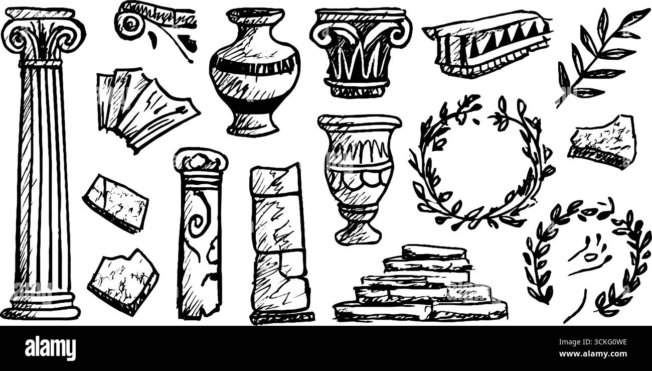 Colonne decorative rivestite di edera disegnate a mano con vasi ed elementi per il design. Illustrazione Vettoriale