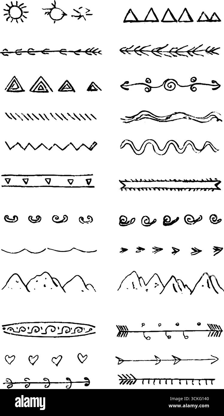 Collezione di simboli solari inca disegnati a mano e di elementi decorativi per il design. Illustrazione Vettoriale