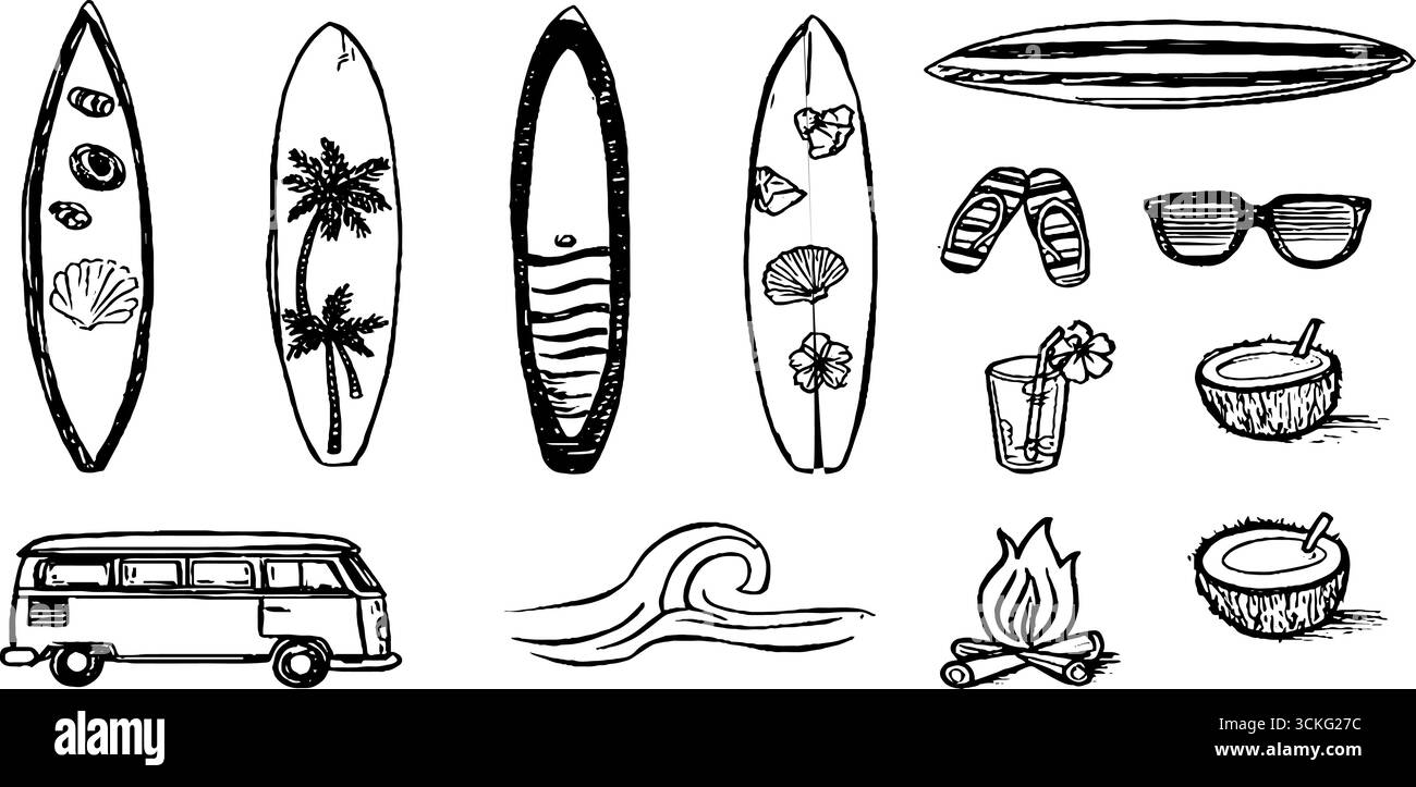 Collezione di tavole da surf decorative disegnate a mano con elementi tropicali e da spiaggia per il design estivo. Illustrazione Vettoriale