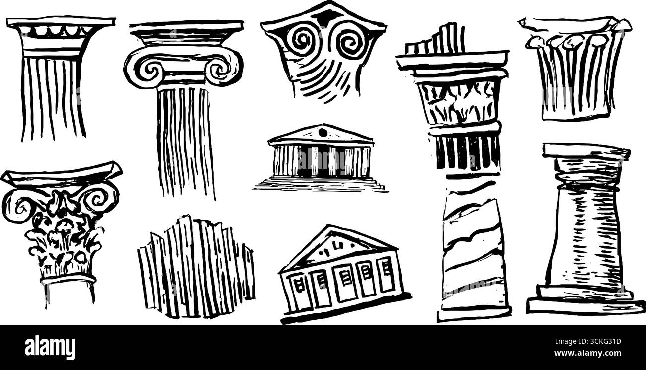 Collezione di colonne decorative doriche e ioniche disegnate a mano per la progettazione architettonica. Illustrazione Vettoriale