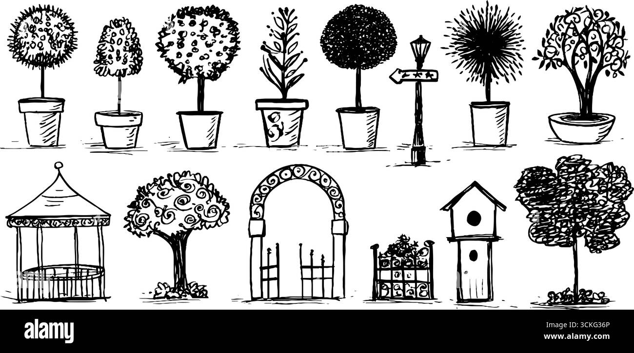 Collezione decorativa disegnata a mano di alberi in vaso ed elementi da giardino per un design artistico. Illustrazione Vettoriale