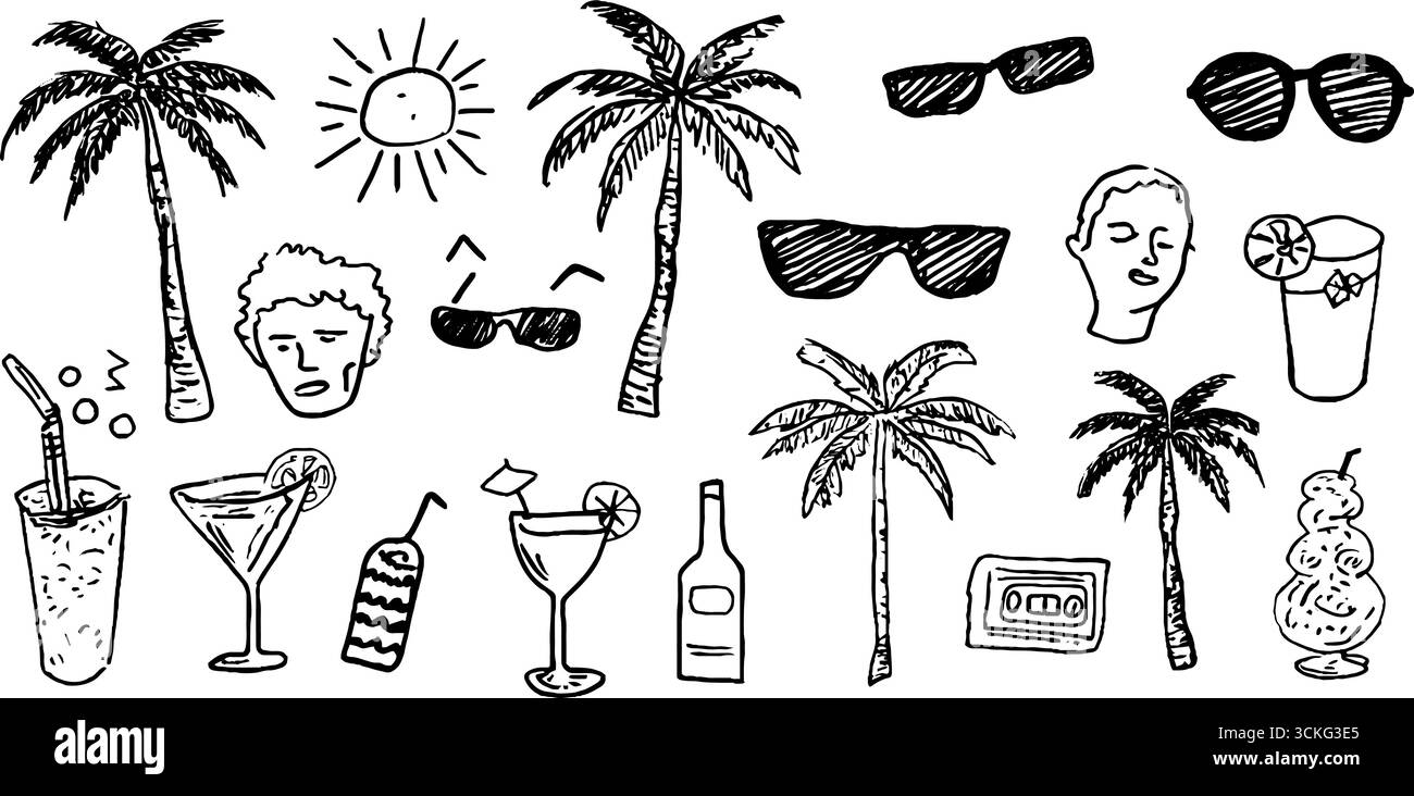 Palme retrò ed elementi estivi disegnati a mano per un design vintage. Illustrazione Vettoriale