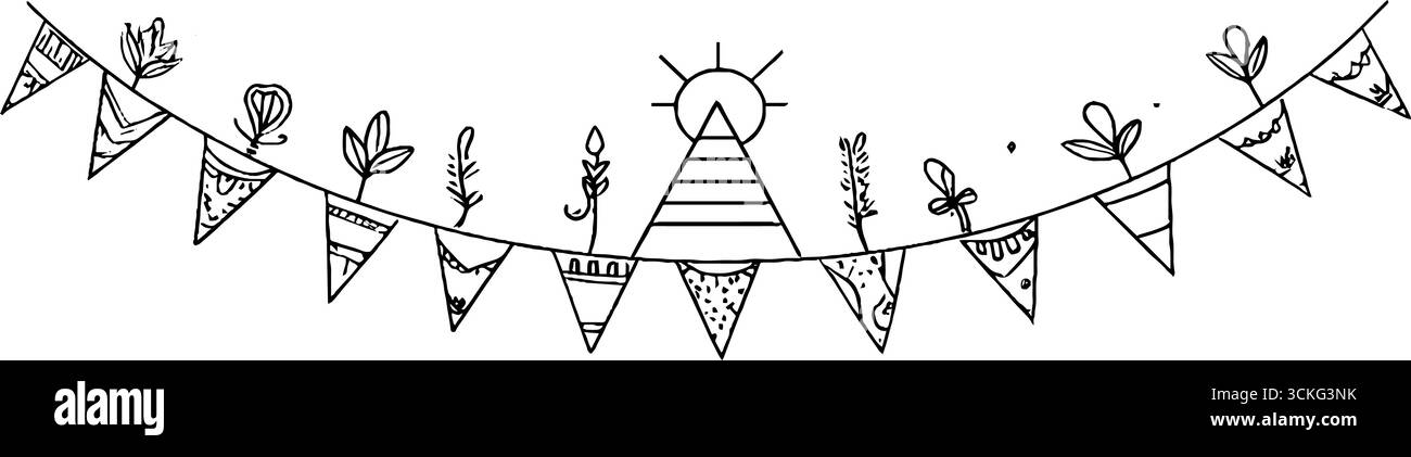 Striscione decorativo disegnato a mano con disco solare ed elementi floreali. Illustrazione Vettoriale